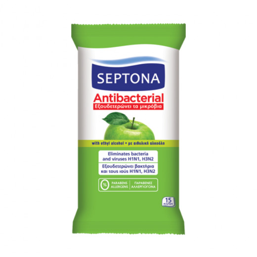 المناديل المضادة للبكتيريا برائحة التفاح الأخضر من سبتونا، 15 قطعة