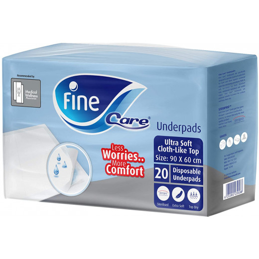 Fine Care, Disposable Underpads, Ultrasoft Cloth-Like Top, Size 60 x 90 cm, Pack of 20