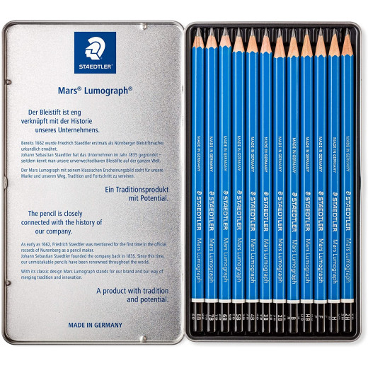 Staedtler Mars Lumograph Pencils 8B-2H with Soft Grades - Tin of 12