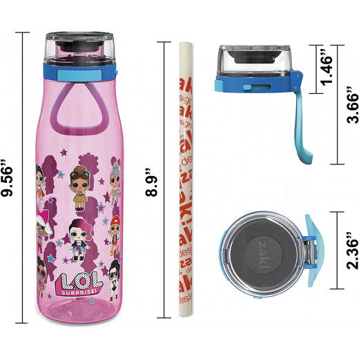 Zak Designs L.O.L. Surprise Plastic Water Bottle with Push Button Action, 25oz, Pink
