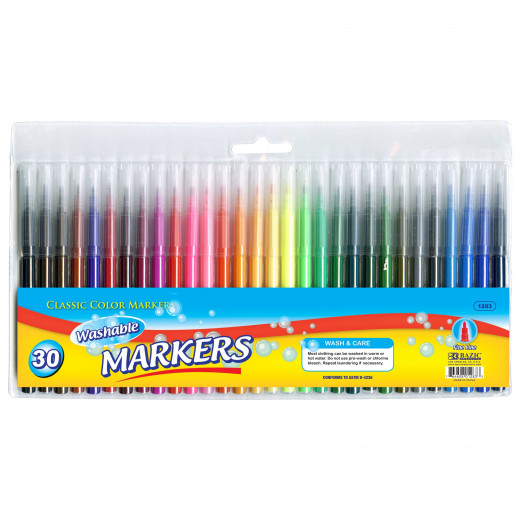 أقلام تلوين أساسية بخطوط دقيقة 30 لونًا كلاسيكيًا قابلة للغسل من بازيك