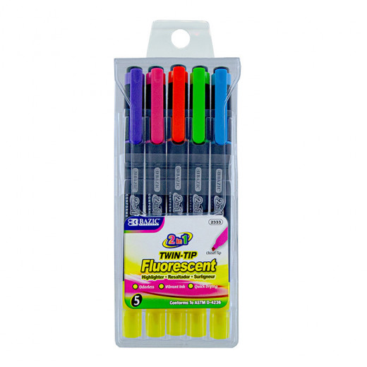 Bazic Double Tip Fluorescent Highlighters (5/Pack)