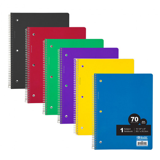 Bazic Wide Ruled 1 Subject Spiral Notebook - 70 Pages, Assorted Colors