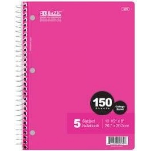 Bazic 5 Subject Spiral Notebook, 150 Count