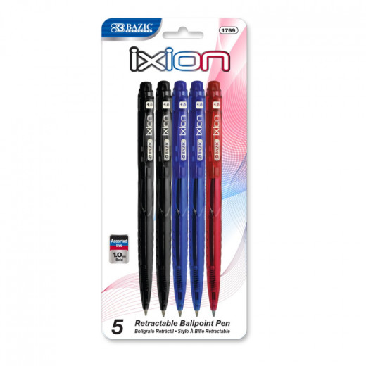 Bazic Ixion Retractable Pen, Assorted Color, 5 Pens
