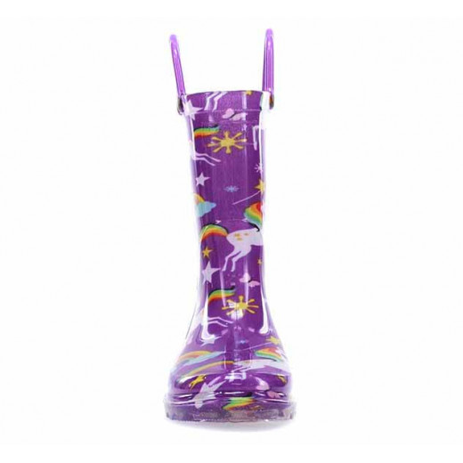 Western Chief Kids Rainbow Unicorn Design Rain Boot, Purple Color, Size 28