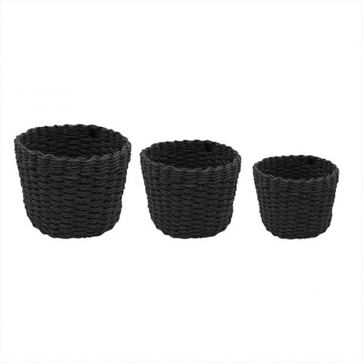 Weva rattique faux rattan storage basket set,3 pcs, black