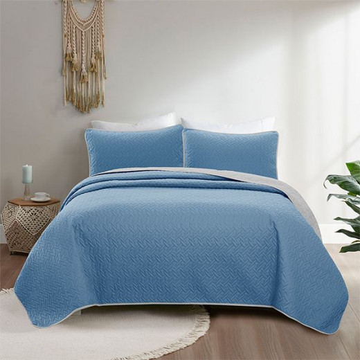 Nova home cross double face bedspread set, blue and silver color, twin size, 3 pieces