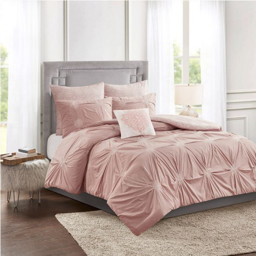 Nova home malia embroidered comforter set, pink color, king size, 7 pieces