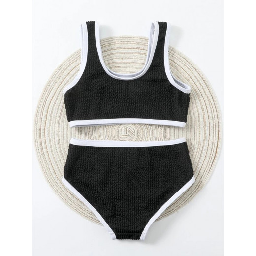 Baby Contrast Binding Textured Bikini Swimsuit, Black and White Color