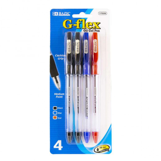 Bazic G Flex Oil Gel Ink Pen Cushion Grip, Assorted Color, 4 Pack