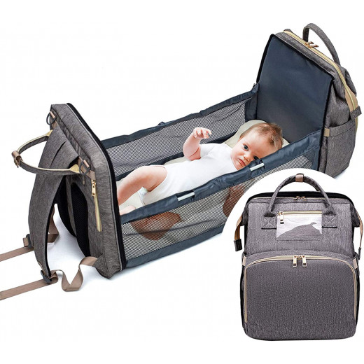 حقيبة حفاظات للاطفال 3 في 1 متعددة الاسخدامات وسرير قابل للطي, باللون الرمادي