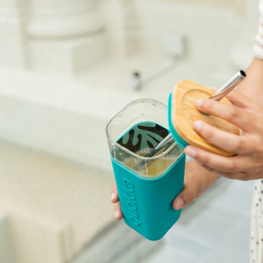 Quokka Glass Tumbler with Steel Straw, Turquoise Color, 540 Ml