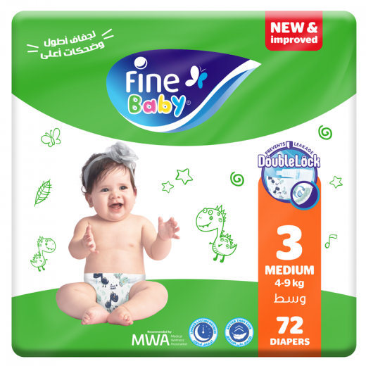 Fine Baby Diapers, Size 3, Medium, 4-9 kg, Double Lock, 72 Diapers