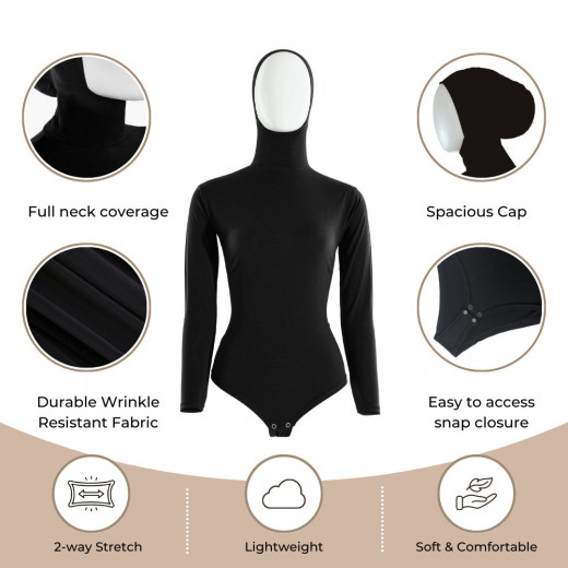 RUUQ Women's Bodysuit Long Sleeve with Hijab Cap - Black - XL