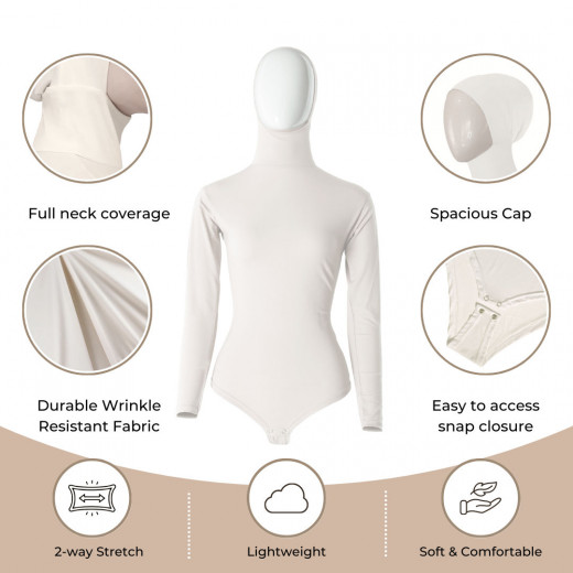 RUUQ Women's Bodysuit Long Sleeve with Hijab Cap - Ivory - Large