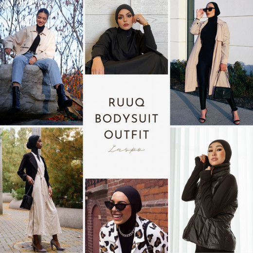 RUUQ Women's Nursing Bodysuit Long Sleeve with Hijab Cap - Black - Small