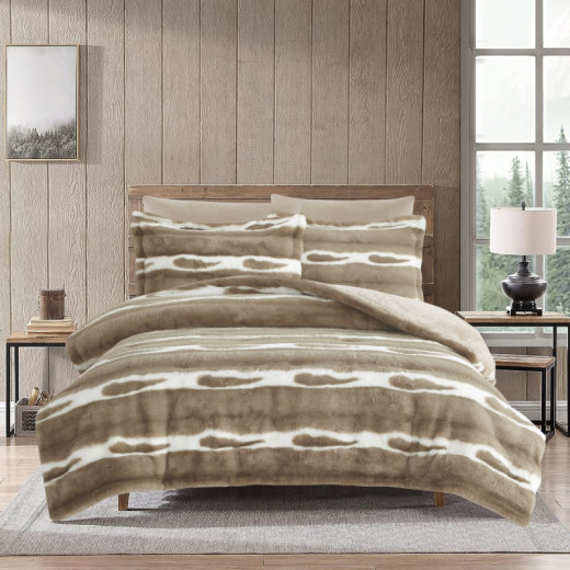 Nova Home Wolf Winter Jacquard Printed Fur Comforter Set - Single/Twin - Beige 4Pcs