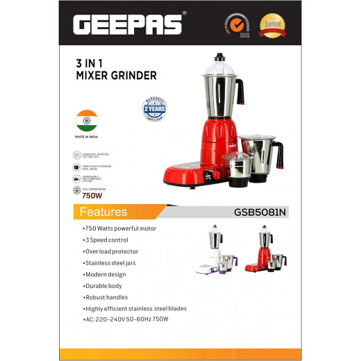 Geepas 750W 3-In-1 Mixer Grinder - Multi-Functional Grinder, Stainless Steel Jars & Blades