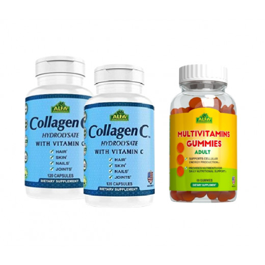 كبسولات كولاجين سي مع البيوتين 120 كبسولة, عبوتان + الفيتامينات المتعددة للبالغين من ألفا فيتامين