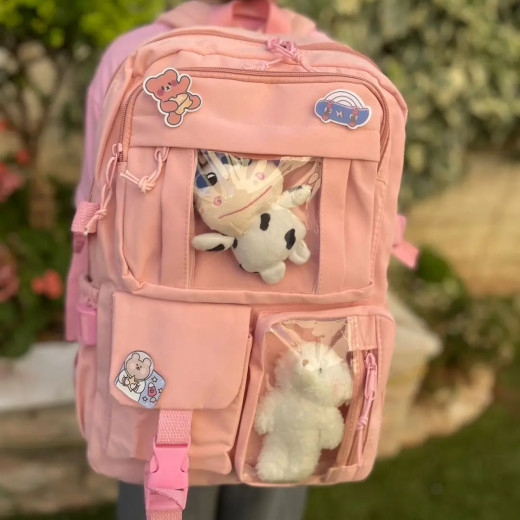 Students Kid Children School Backbag With Pins And Bear Badge, Pink Color