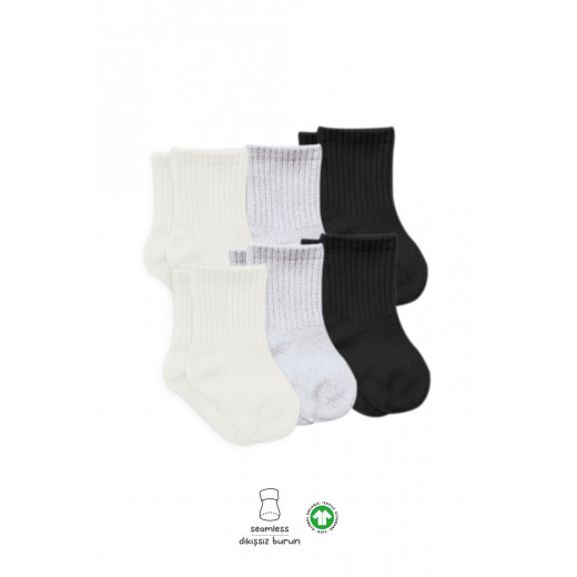 Bistyle Basic 6-Pairs Combed Flat Quarter Socks (12-24 m) (Black, Grey, Beige)