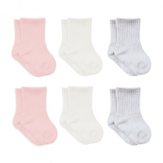 Bistyle Basic 6-Pairs Combed Flat Quarter Socks (0-6 m) (Pink, Grey, Beige)