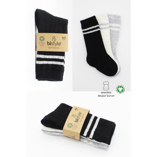 Bistyle 3-Pairs Knee Socks (0-6 m) lines (Black, Grey, Beige)