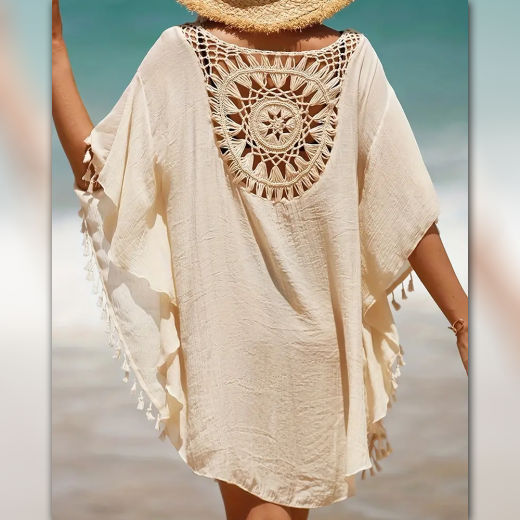 Tassel Stylish Cover Up Dress, Round Neck Loose Fit Crochet Decor Beach Kaftan