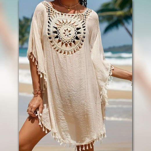 Tassel Stylish Cover Up Dress, Round Neck Loose Fit Crochet Decor Beach Kaftan