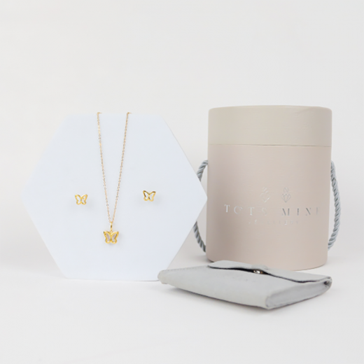 simple butterfly gold set of stud earrings and necklace