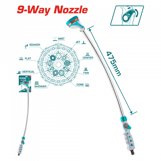 فرد رش ماء مع عصا 9 حركات بطول 475مم من توتال