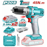 Total Lithium-Ion cordless drill 20V 2A Mechanical 2-speed gear 45NM Spindle lock function Metal chuck - TIDLI201452